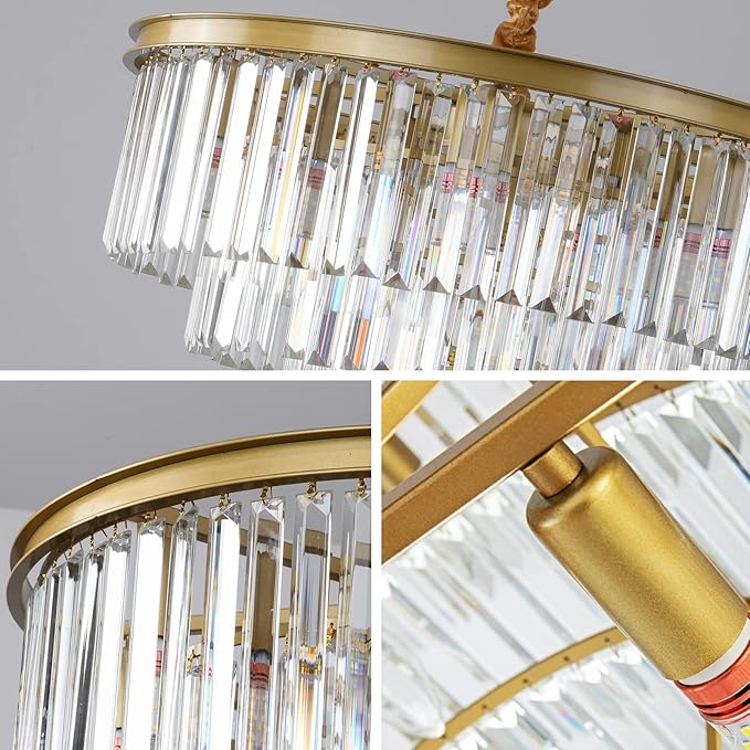 Gold Modern Crystal Chandelier, 4-Tier Round Flush Mount Ceiling Light Fixtures Height Adjustable Pendant Lighting for Dining Room Living Room Bedroom Kitchen Hotel Foyer