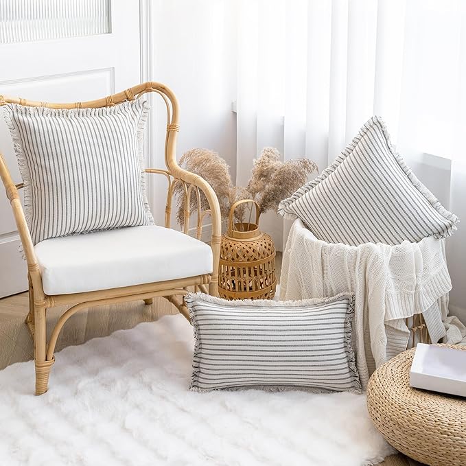 Throw Pillow Covers 26x26 Set of 2 Striped Fringe Pillow Cover Farmhouse Cushion Covers with Tassel Neutral Boho Pillows Decorative Square Pillowcase for Couch Sofa Bed, Grey