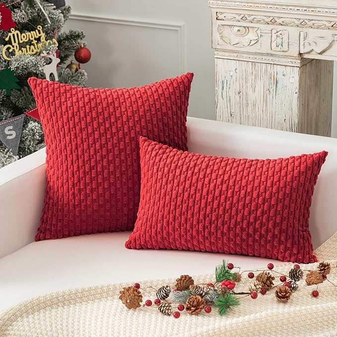Kevin Textile Christmas Red Decorative Throw Pillow Covers 2 Packs 20"x20" for Living Room Couch Bed Sofa, Soft Striped Corduroy Square Cushion Case 50x50 cm Rustic Farmhouse Boho Home Decor