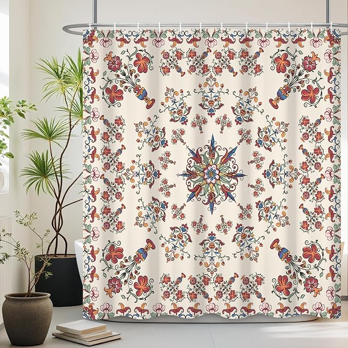 Boho Shower Curtain Floral Pattern Fabric Curtain for Bathroom Plant Theme Religion Floral Shower Curtain Sets Waterproof Decor 48x72Inch