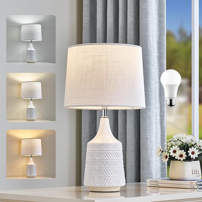 Modern Ceramic Table Lamp, Decor White Desk Lamp 18.5" for Living Room Bedroom Dorm Farmhouse Office Bedside Night Stand End Corner, 3-Color Temperature LED Bulbs Included Beige