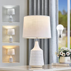 Modern Ceramic Table Lamp, Decor White Desk Lamp 18.5" for Living Room Bedroom Dorm Farmhouse Office Bedside Night Stand End Corner, 3-Color Temperature LED Bulbs Included Beige