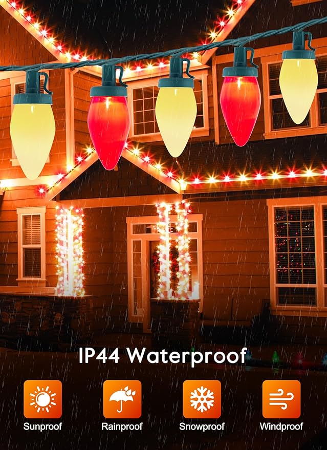 Moonflor Vintage C9 LED Christmas Lights Outdoor, 50 Feet C9 String Lights for Christmas Tree Roofline Holiday Party Indoor Outdoor Garden Patio Backyard Cafe Xmas Decor, Green Wire(Red & Warm White)