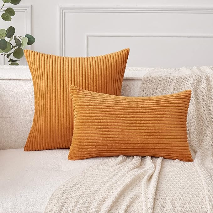 MIULEE Pack of 2 Burnt Orange Pillow Covers 12x20 Inch Soft Boho Striped Corduroy Throw Pillow Covers Set Decorative Square Cushion Cases Pillowcases for Sofa Bedroom Couch