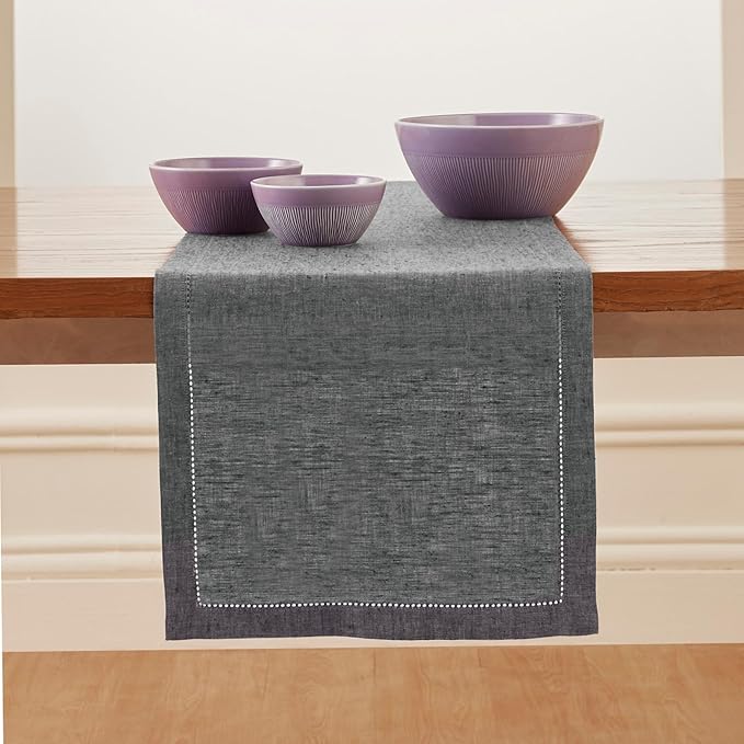 Solino Home Linen Table Runner 120 Inches Long - 100% Pure Linen Charcoal Grey Table Runner 14 x 120 Inch for Fall, Autumn, Halloween, Thanksgiving, Christmas - Milan Hemstitch