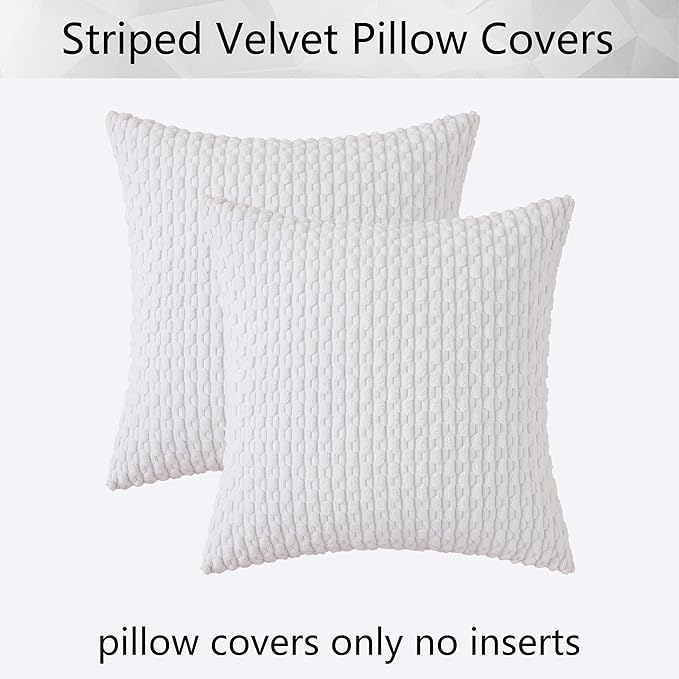 Kevin Textile Set of 2 Decorative Pillow Cover Solid Striped Corduroy Plush Velvet Cushion Cover for Couch Machine Washable Pillowcase 50cm 20 x 20 Inch Pure White