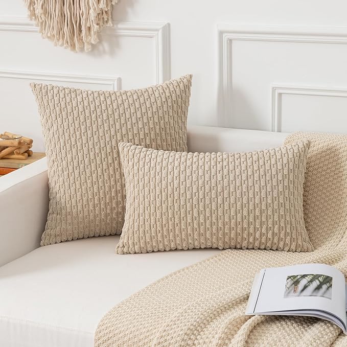 Kevin Textile Throw Pillow Covers Soft Corduroy Decorative Set of 2 Boho Striped Pillow Covers Pillowcases Farmhouse Home Decor for Couch Bed Sofa Living Room 20x20 Inch Beige