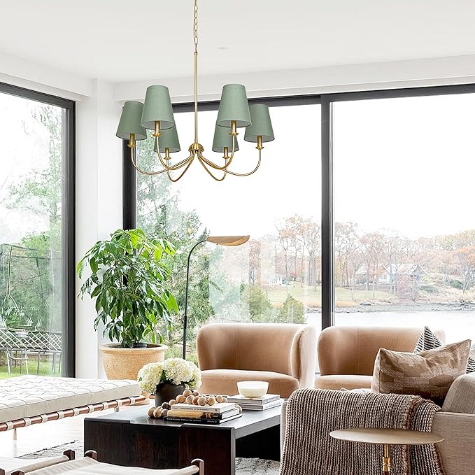 Gold Chandelier, Brushed Brass with Green Fabric Shade, 6-Light 28" Modern Farmhouse Linear Pendant Lighting Fixture for Dining Living Room Kitchen Island Bedroom