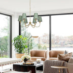 Gold Chandelier, Brushed Brass with Green Fabric Shade, 6-Light 28" Modern Farmhouse Linear Pendant Lighting Fixture for Dining Living Room Kitchen Island Bedroom