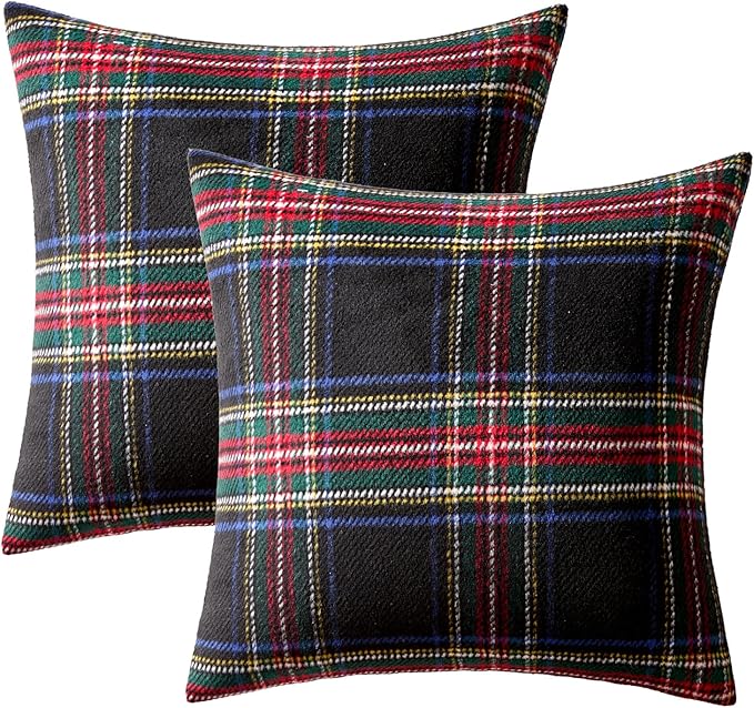 MIULEE Christmas Plaid Decorative Throw Pillow Covers Set of 2 Scottish Tartan Vintage Farmhouse Winter Cuhion Case Pillow Covers for Couch livingroom Sofa Bed Porch Home Decor 18x18inch Black