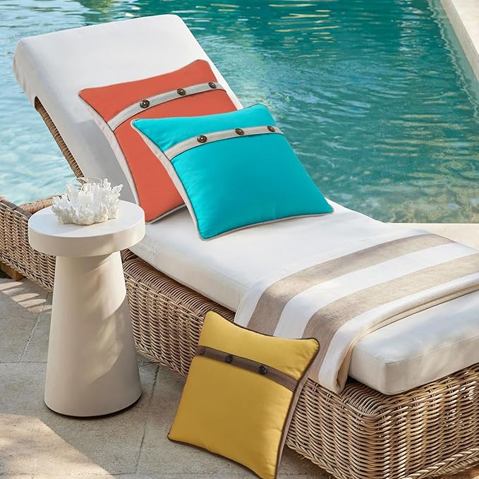 Outdoor Sunbrella Decorative Pillows with Triple Coconut Buttons Pack of 4, 16" x 16" Outdoor Pillow Set for Couch Bed Throw Patio Sofa, Canvas Melon/Cast Ash