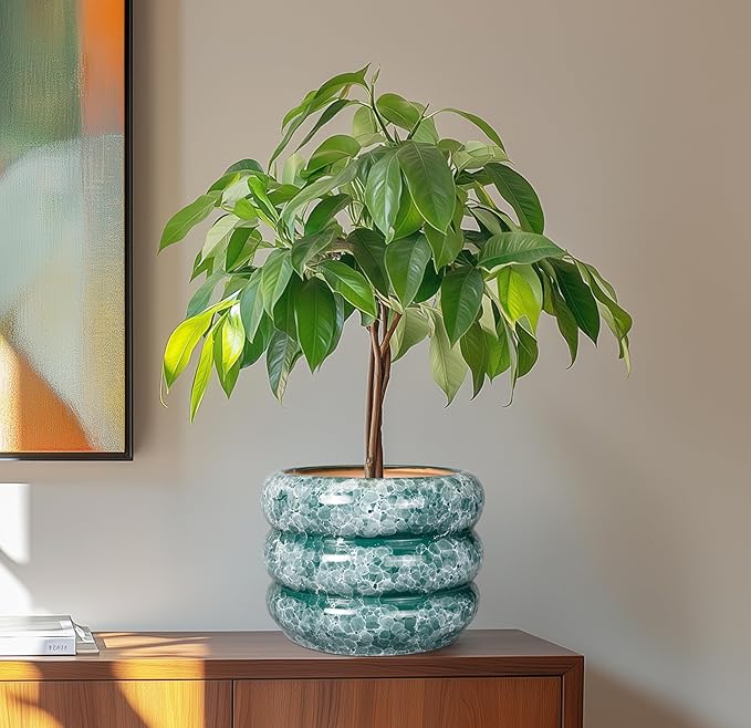 SQOWL 8 Inch Pot for Plants Indoor - Ceramic Planter Medium Plant Pot with Drainage Hole Round Flower Pot Outdoor Mid-Century Planter for Entry Way Table Home Decor Green