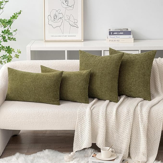 MIULEE Pack of 2 Couch Throw Pillow Covers 20x20 Inch Soft Olive Green Chenille Pillow Covers for Sofa Living Room Solid Dyed Pillow Cases