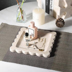 Travertine Decorative Tray, 7.8in Marble Scallop Edge Tray, Square Bathroom Trays for Jewelry Perfume, Vanity, Coffee Table, Beige Stone Trinket Dish for Woman, Dresser Décor Gift