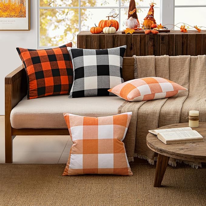 MIULEE Pack of 2 Fall Throw Pillow Covers Classic Farmhouse Buffalo Check Plaids Linen Soft Solid Orange and White Decorative Home Decor Cushion Case for Sofa Bedroom 22 x 22 Inch 55 x 55 cm