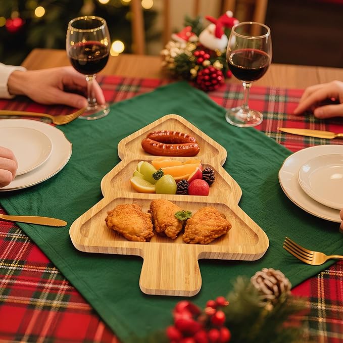 TJ POP Christmas Tree 3-Compartment Serving Platter - 12” x 9” Snack & Dessert Wooden Food Tray, Natural Bamboo Serving Tray Cute Charcuterie Board for Holiday Parties, Cheese, Fruits, Candy Display