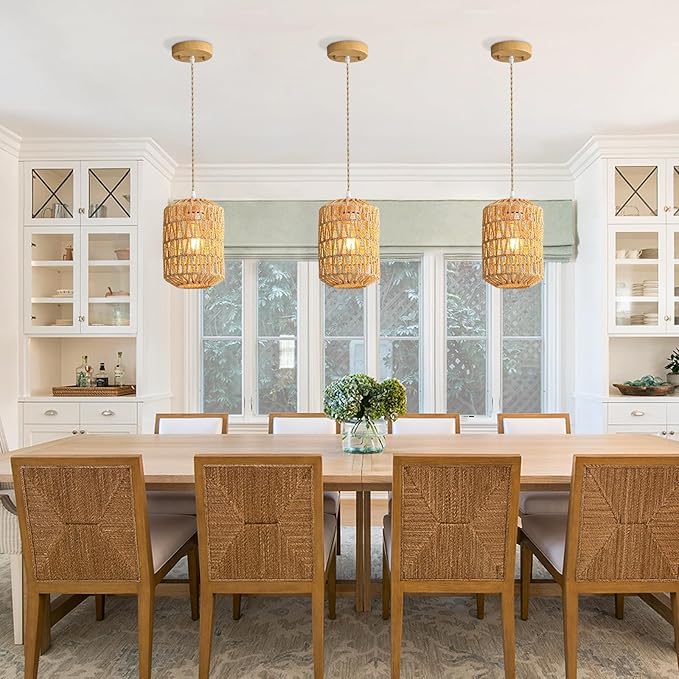 2-Light Rattan Pendant Light, Boho Light Fixture for Dining Room, Small Wicker Light Fixture, Rattan Chandelier Woven Hanging Light, for Kitchen Island Bedroom Hallway, ETL Listed
