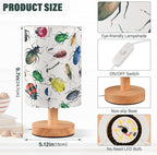 Table Lamp Watercolor Insect Beetle Pattern Nightstand Lamp with Wood Base Fabric Lamp Shade Bedside Desk Lamp for Living Room Bedroom Kids Room Office