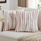 FUTEI Pink Decorative Throw Pillow Covers 24x24 Inch Set of 2, Soft Tie-Dye Faux Rabbit Fur Striped Texture European Cushion Case, Modern Home Decor for Couch Bed Living Room
