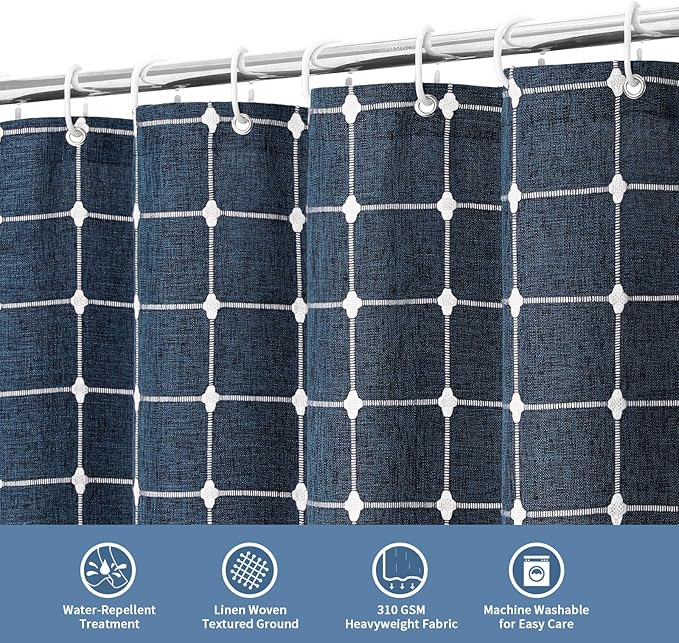 MitoVilla Navy Blue Boho Shower Curtains for Modern Farmhouse Bathroom Decor, Country Thick Polyester Linen Fabric Shower Curtain with Tassel, 72 x 72