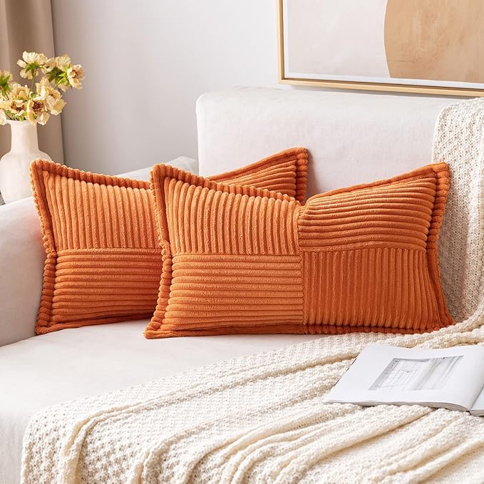 MIULEE Orange Fall Decorative Lumbar Throw Pillow Covers for Couch Bed Livingroom 12x20 Inch Set of 2 Boho Accent Throw Pllows Broadside Striped Patchwork Soft Corduroy Pillowcases
