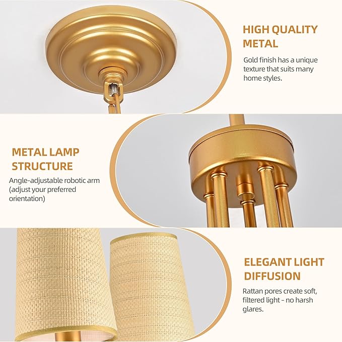 28" Gold Boho Rattan Chandelier for Living Room 5-Light Coastal Farmhouse Chandeliers for Dining Room Adjustable Rustic Boho Pendant Light Fixture Bedroom Kitchen Island Entryway Foyer