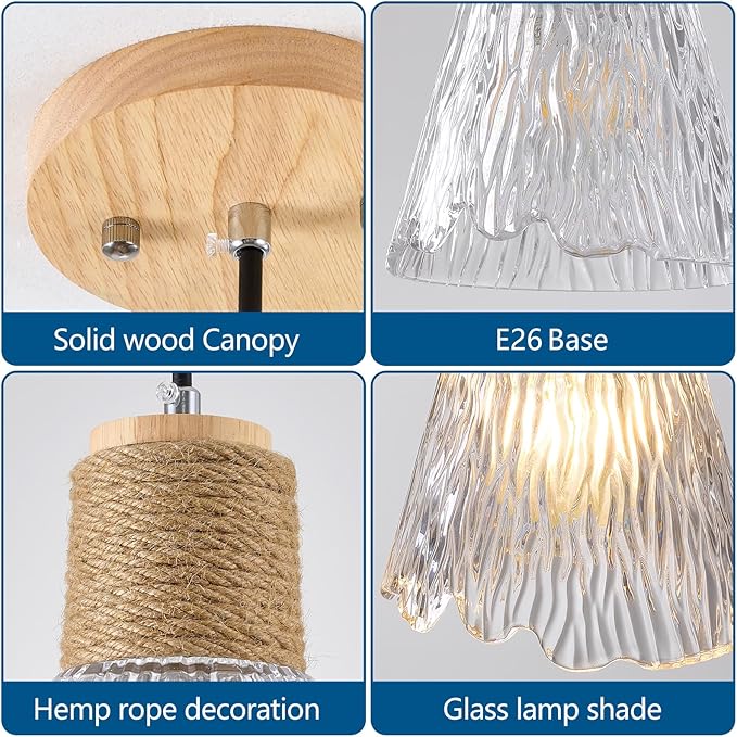 Pendant Light with Clear Striped Glass Lampshade, Hemp Rope Woven Vintage Pendant Light, Adjustable Height Hanging Chandelier Light for Dining Room Kitchen Hallway