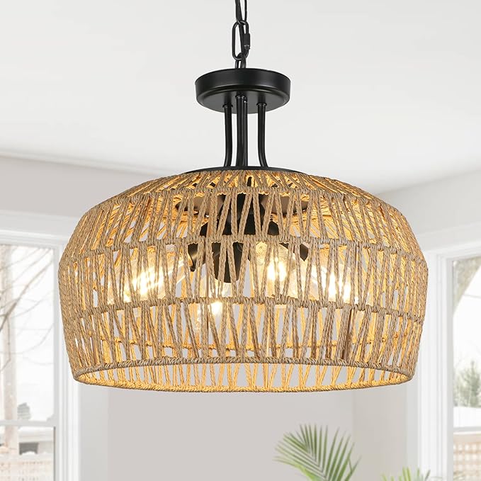 LynPon 18" Farmhouse Rattan Chandelier, 4-Light Boho Pendant Light Fixture with Woven Wicker Shade, Convertible Coastal Hanging or Ceiling Light Fixture for Dining Room Kitchen Living Room Foyer