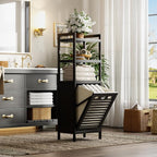 HITNET Tilt Out Laundry Hamper, Bamboo Bathroom Cabinet with Pull Out Removable Bag and 3 Tier Storage Shelves, 8.5 Gallon Clothes Basket with Metal Handle, Black