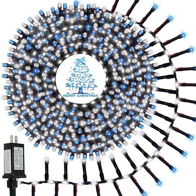 800 LED Christmas Slow Twinkle Cluster Lights, Firecracker Fairy Lights with 15 Modes & Timer Function, 33FT Waterproof String Lights for Indoor Outdoor Tree Christmas Decorations, Blue and Cool White
