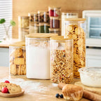 42oz & 27oz - 4 Pack Square Glass Jars with Bamboo Lids, Glass Food Storage Containers with Airtight Lids for Kitchen, Air Tight Pantry Storage Containers for Cereal, Pasta, Rice, Sugar, Coffee, Spice
