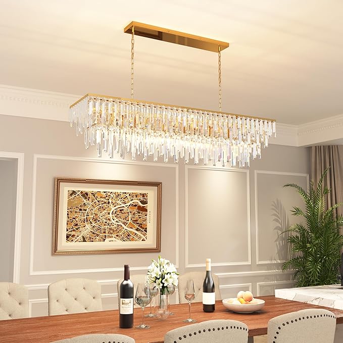 Rectangle Chandeliers for Dining Room, 47" Gold Modern Top K9 Rectangle Crystal Chandelier 14 Lights Rectangular Adjustable Pendant Ceiling Light Fixture for Dining Room Kitchen Island