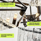 Black Crystal Chandeliers for Dining Room 6-Light, 22” Modern Water Ripple Glass Light Fixture, Farmhouse Round Lighting for Kitchen Island, Bar Table