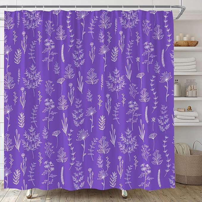 Purple Herbs Shower Curtain Boho Floral Lavender Retro Botanical Vintage Farmhouse Cute Leaves Plant Flowers Bathroom Curtain Set with Hooks(59" Wx70 H)