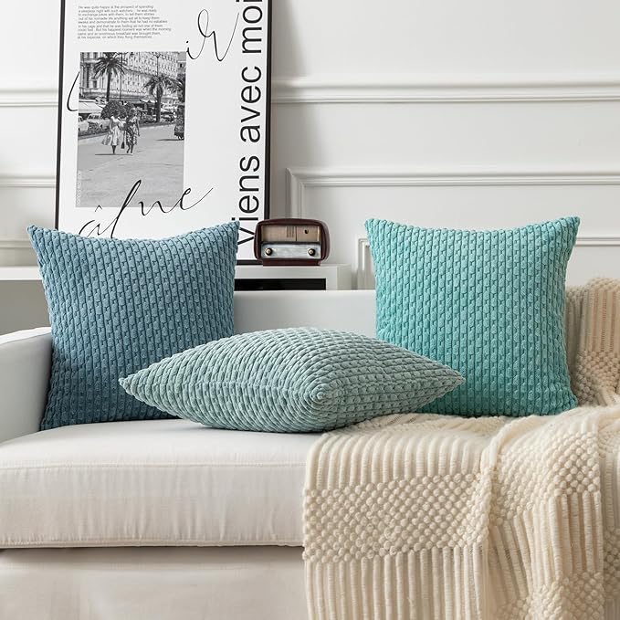 Kevin Textile Throw Pillow Covers Soft Corduroy Decorative Set of 2 Boho Striped Pillow Covers Pillowcases Farmhouse Home Decor for Couch Bed Sofa Living Room 26x26 Inch Blue Grey