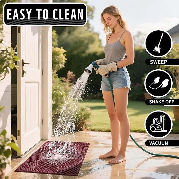 Yimobra Doormat Outdoor Entrance 29.5x17, All-Weather Waterproof Art Line Outdoor Mats for Front Door, Heavy Duty Non-Slip Welcome Matt for Garage Patio Proch Entryway Indoor, Wine