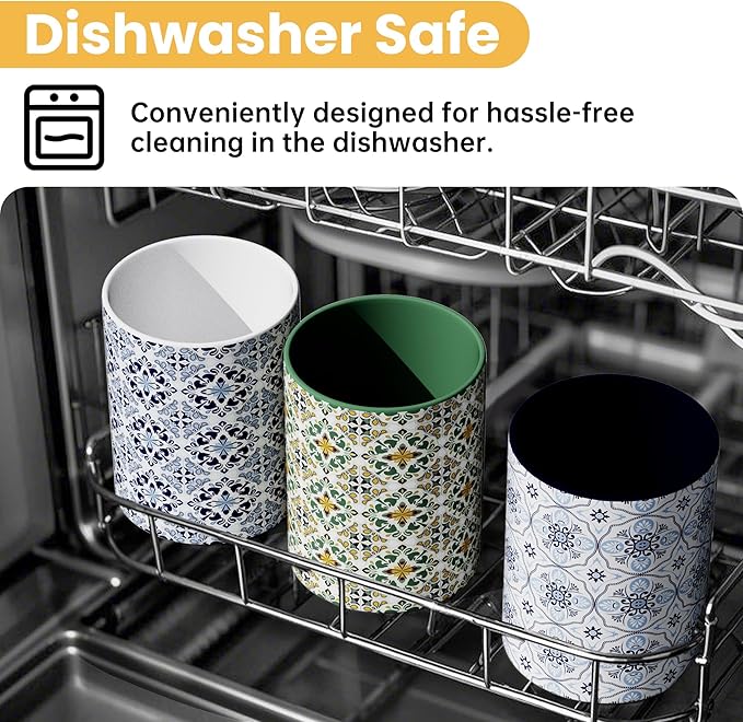 Ceramic Kitchen Utensil Holder for Countertop, Embossed Pattern Crock with Kiln-Fired Finish, Counter Organizer for Cooking Tools , ,Green