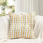 Boho Decorative Throw Pillow Covers 18x18 Inch, Chenille Tufted Pillow Cover Striped Textured Square Farmhouse Accent Pillowcase for Couch Sofa Bedroom Living Room, Yellow White Stripe 1 Pack