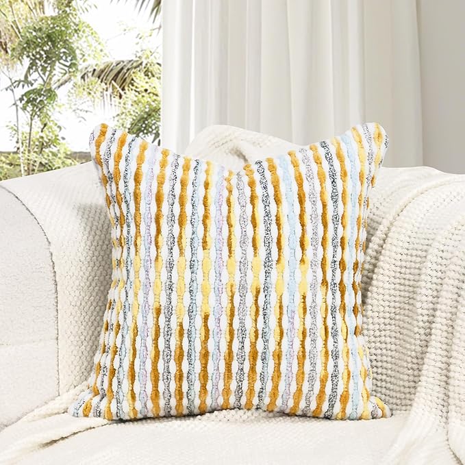 Boho Decorative Throw Pillow Covers 18x18 Inch, Chenille Tufted Pillow Cover Striped Textured Square Farmhouse Accent Pillowcase for Couch Sofa Bedroom Living Room, Yellow White Stripe 1 Pack