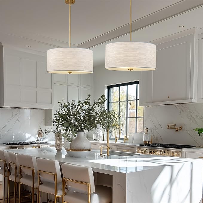 Kira Home Pearl 18" Modern 3-Light Large Drum Pendant Chandelier, White Textured Shade + Glass Diffuser, Adjustable Height, LED Compatible, Cool Brass Finish