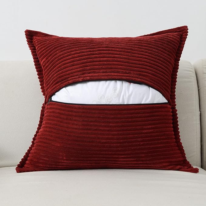 HAUSSY Burgundy Throw Pillow Covers 14x14 Inch Set of 2,Soft Solid Corduroy Striped/Wide Bordered,Square Decorative Cushion Case,Winter Home Decorations for Couch,Bed