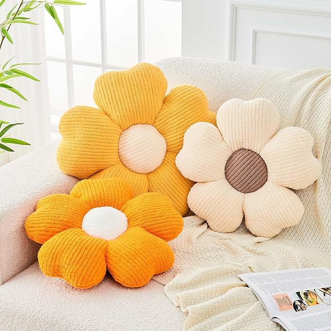 Flower Throw Pillow, Cute Flower Shaped Pillow Decorative Throw Pillow for Bed Couch, Soft Daisy Pillows Floor Seating Cushion Cushions (19.6 Inch Orange)