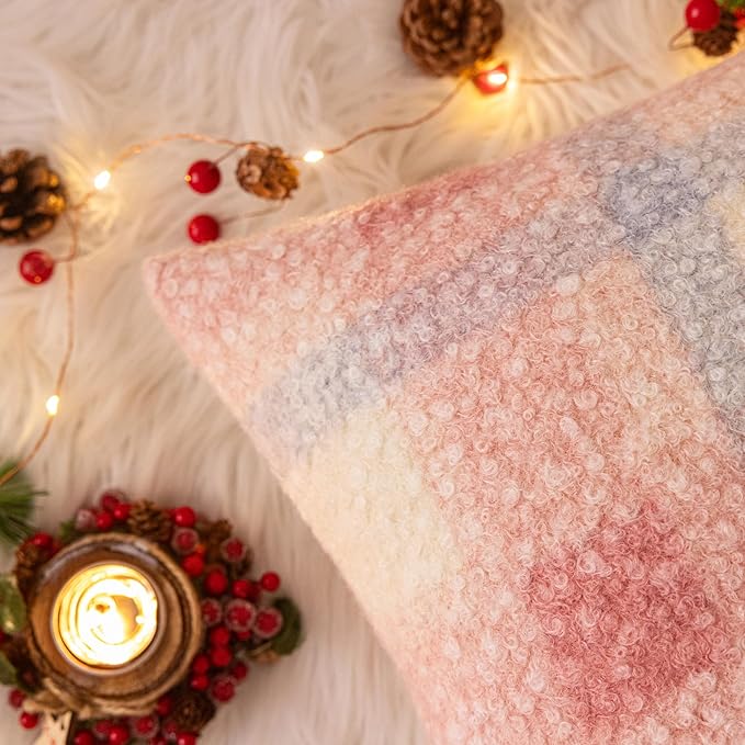 AQOTHES Pink White Plaid Winter Throw Pillow Covers 18x18 Inch Set of 2, Boucle Faux Fur Pillow Covers,Cozy Fluffy Home Living Room Farmhouse Decor for Sofa Couch Bed