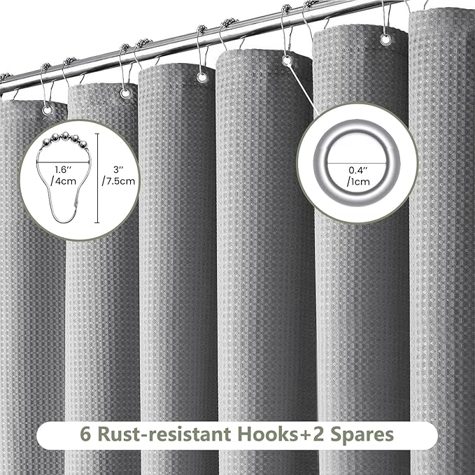 Inhousolu Fabric Shower Curtain Waffle Weave, 230 GSM Heavy Duty, Weighted Hem, 8 Metal Hooks, Water Repellent, Machine Washable, Hotel Spa Luxury Bath Curtain Set, 36 x 72 Inch, Grey