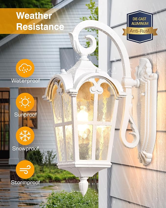 VIANIS White Porch Lights Outdoor, Outside Dusk to Dawn Light Fixtures Wall Mount, Exterior Lighting for House with Ripple Glass, Lantern Fixture for Patio Garage Front Coach, Anti-Rust Waterproof