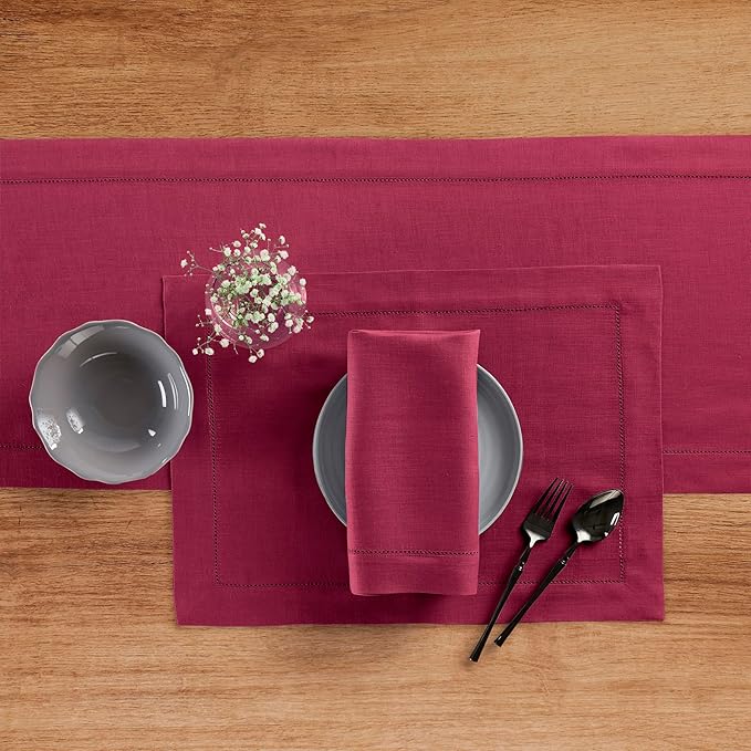 Solino Home Linen Table Runner 48 Inches - 100% Pure Linen Beet Hemstitch Table Runner 14 x 48 Inch Ideal for Dresser and Coffee Tables - Fall, Autumn, Thanksgiving, Holiday - Classic Hemstitch
