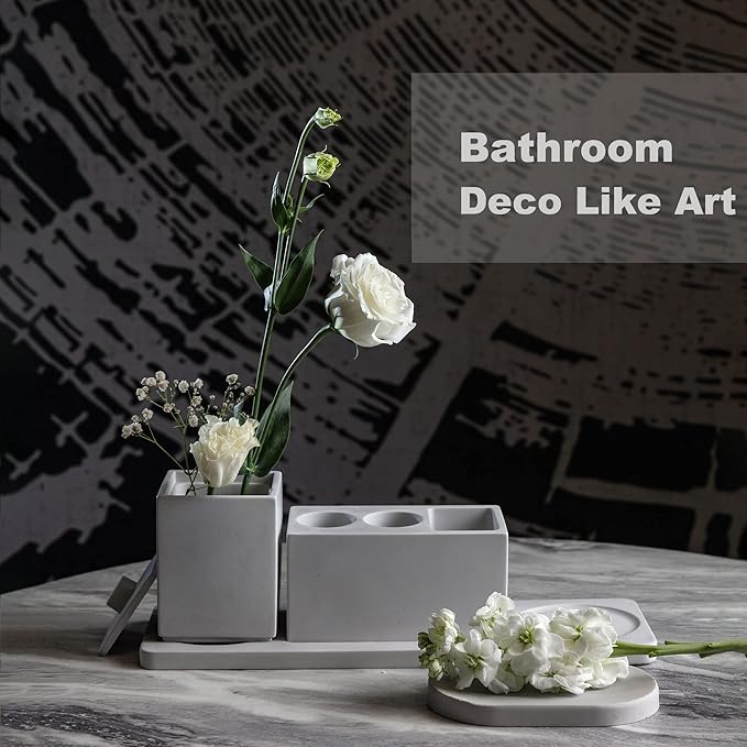 Bathroom Accessory Set Grey, Diatomite, Bathroom Accessories Countertop Complete with Electric Toothbrush Holders, Soap Dish Set