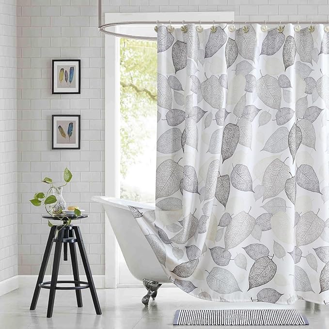 Fabric Shower Curtain, Modern Leaf Print Waterproof Bath Curtain with White Background & Beige Grey Brown Leaves Design, 72" W x 72" H