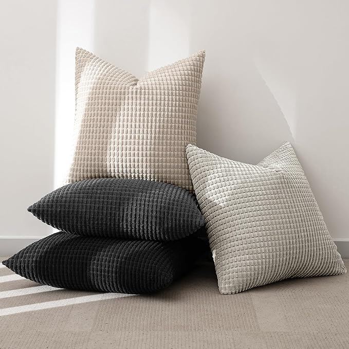 MIULEE Neutral Cream/Grey Decorative Pillow Covers 18x18 Inch Set of 4 Boho Western Farmhouse Throw Pillows Corduroy Couch Pillowcases Industrial Home Decor for Sofa Living Room Bed