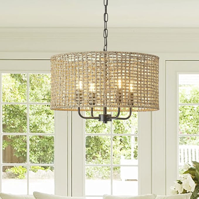 Rattan Wicker Drum Chandeliers for Dining Room, 4-Light Bohemian Hand-Woven Farmhouse Drum Pendant Chandelier Light Fixture for Entryway Living Room Kitchen Stairway Bedroom Hallway